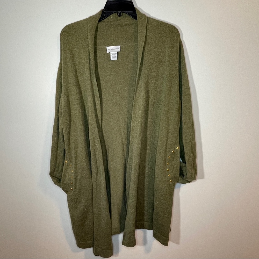 Soft Surroundings Angora Blend Olive Green Long Cardigan Elbow Patch Studs L